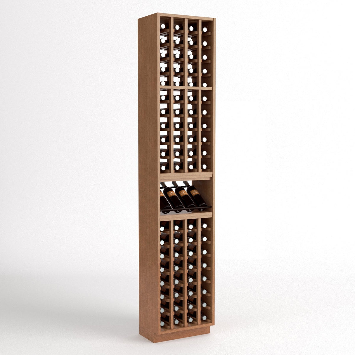 Compact tall light wood wine rack with four-column bottle slots and a center bottle tray shelf