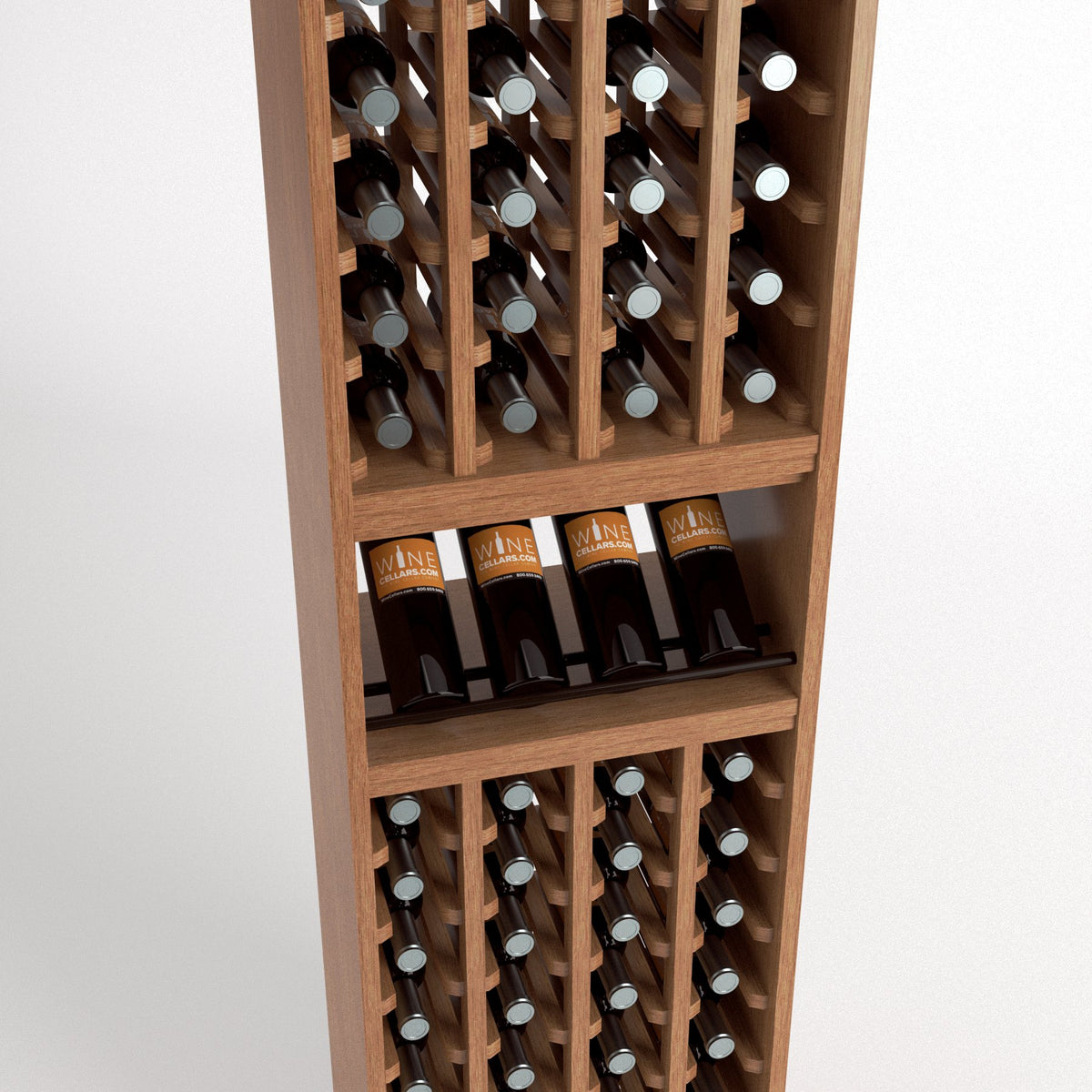 Light wood wine bottle rack interior with bottle rows, glasses, and center shelf