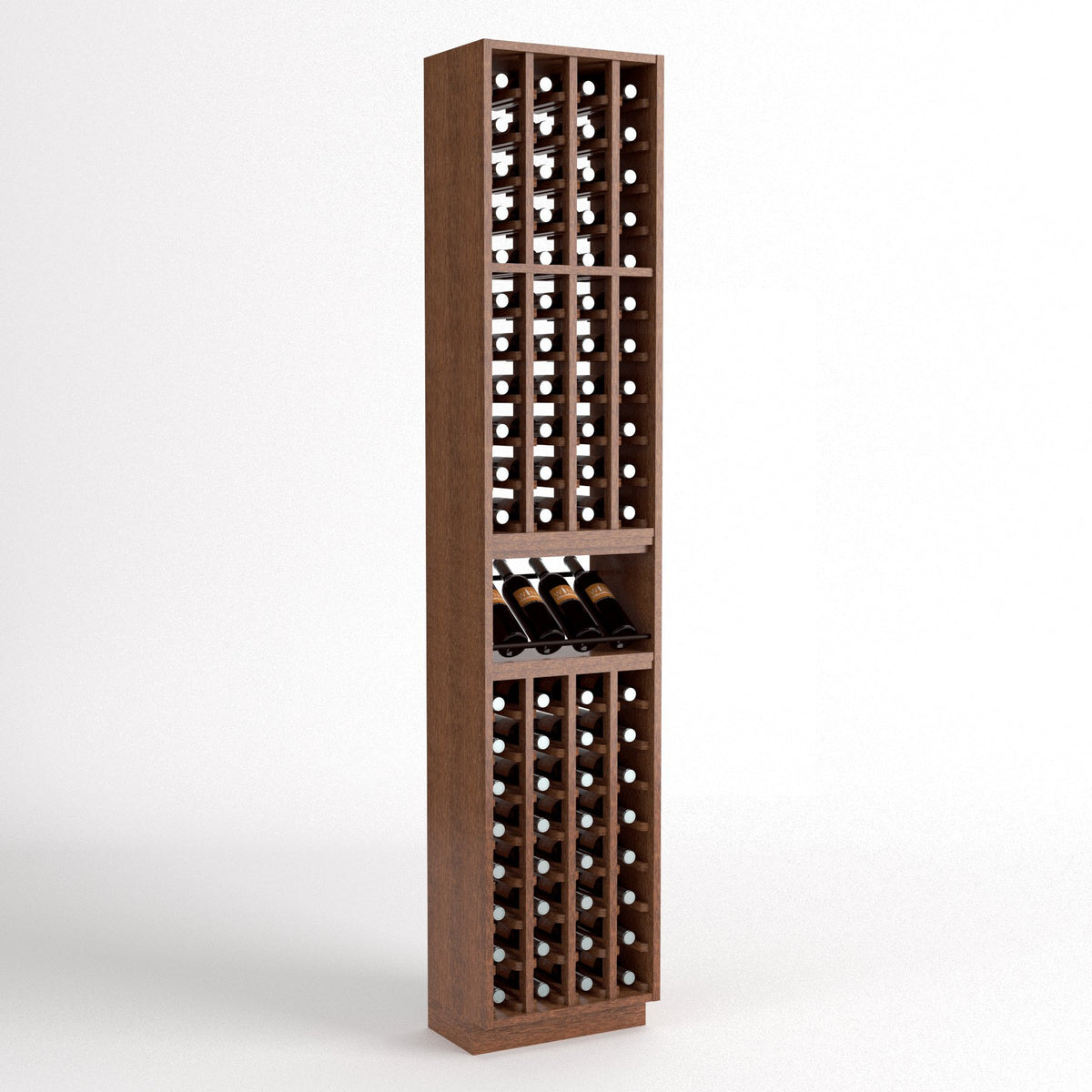 Brown wood 4-column wine bottle rack with center wine shelf and bottle rows