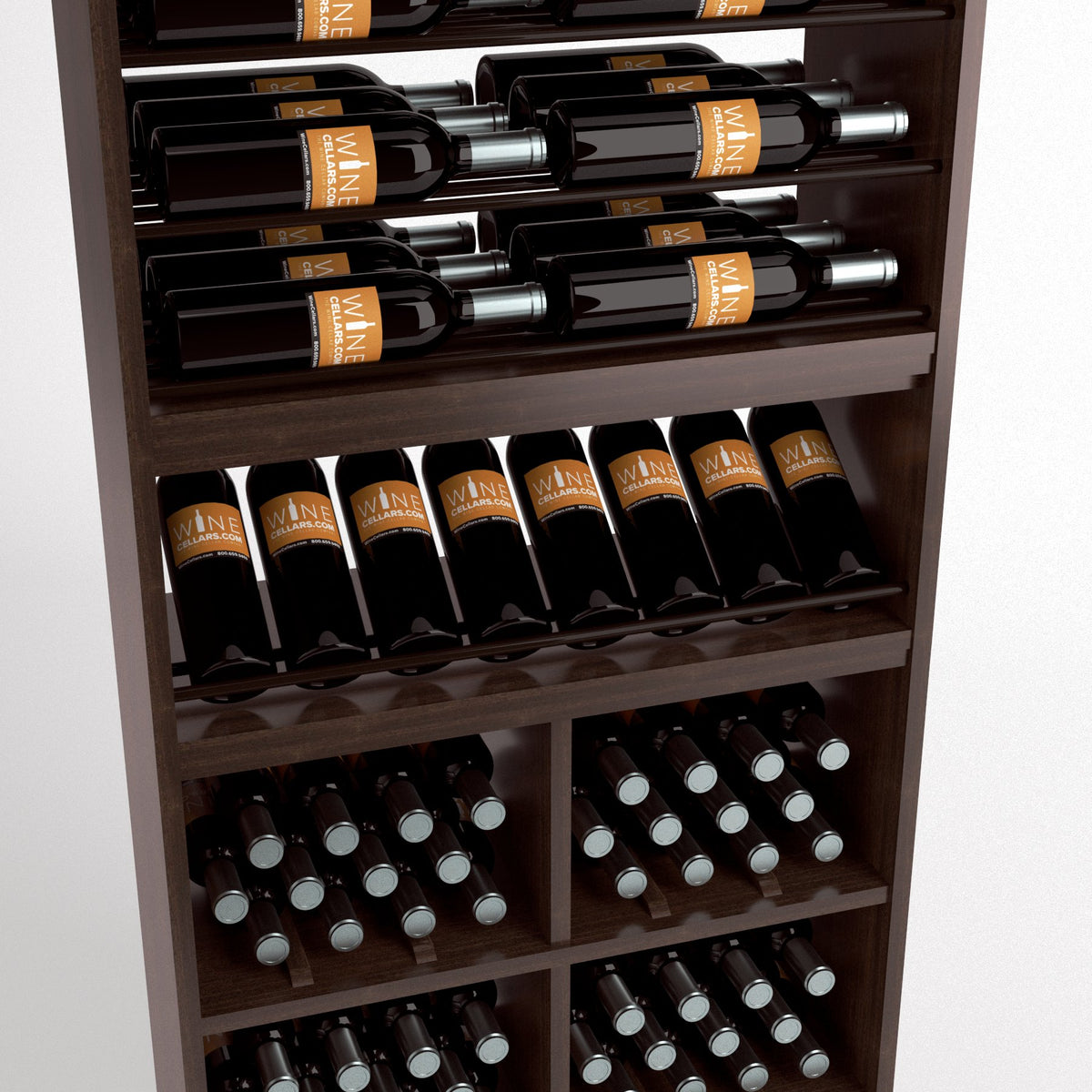 Wood wine rack display with bottle rails, angled wine shelf, and grid-pattern bins
