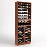 Freestanding wine rack cabinet with six bottle rails and stacked wine bottle bins