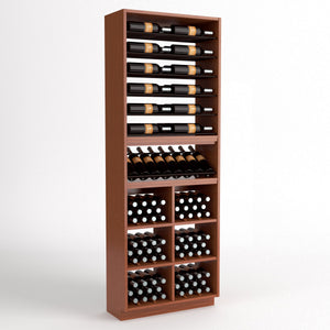 Freestanding wine rack cabinet with six bottle rails and stacked wine bottle bins