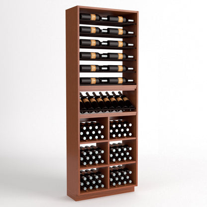 Freestanding wine rack cabinet with six bottle rails and stacked wine bottle bins