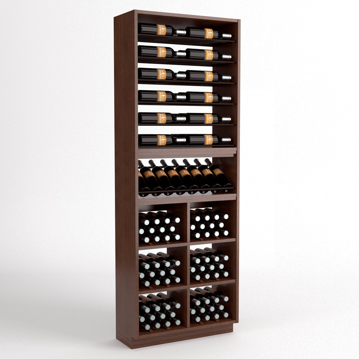 Tall wine rack cabinet with six bottle rails and multiple square wine bottle bins