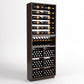 Freestanding wooden wine rack with six bottle rails and stacked wine bottle bins