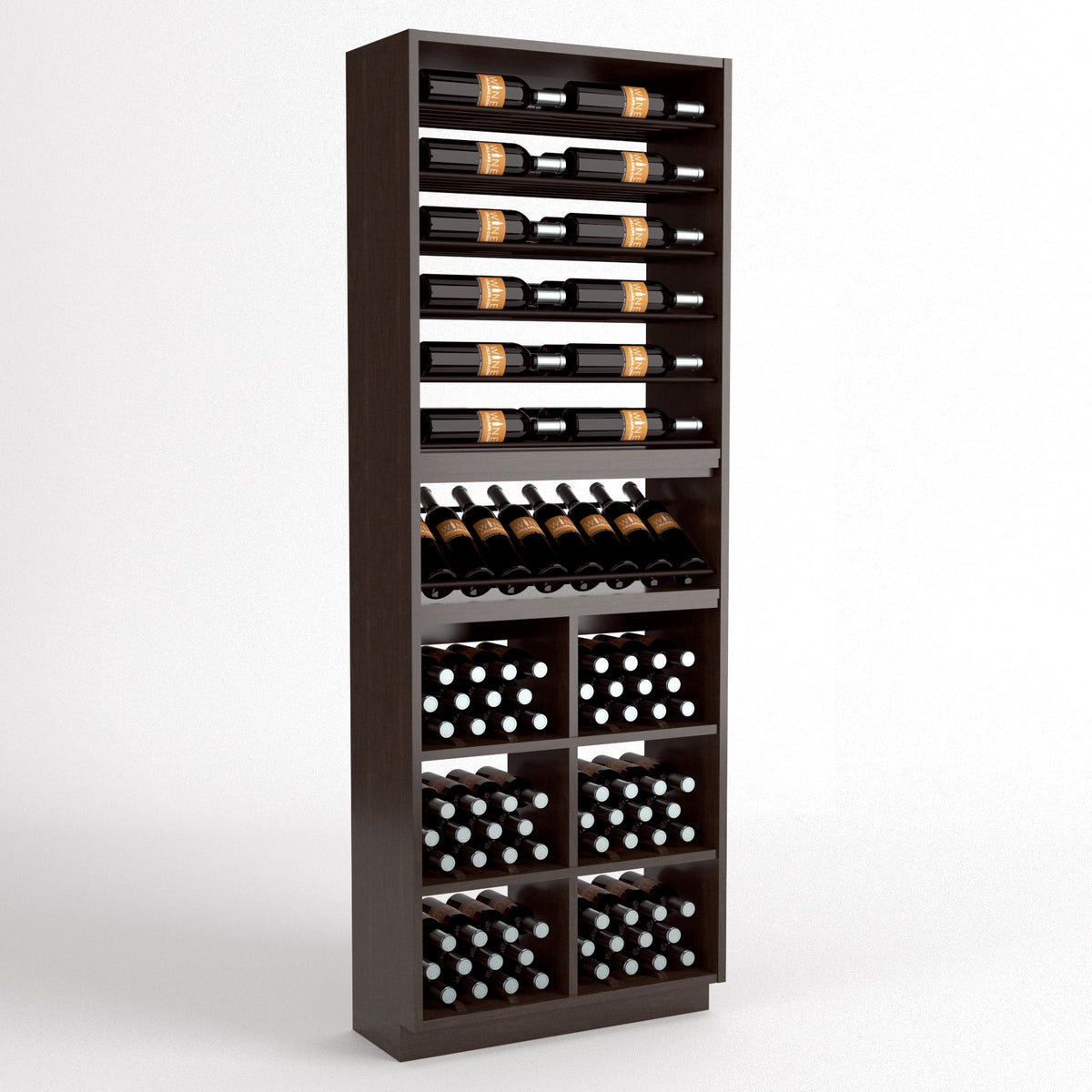 Freestanding wooden wine rack with six bottle rails and stacked wine bottle bins