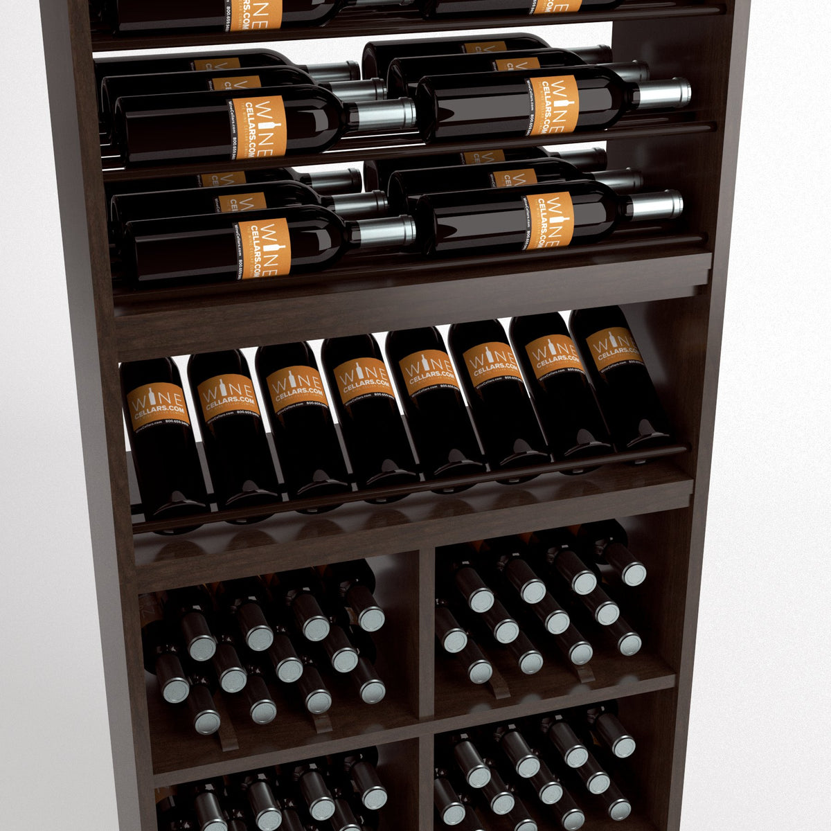 Wood wine rack display with bottle rails, angled row shelf, and wine bottle bins