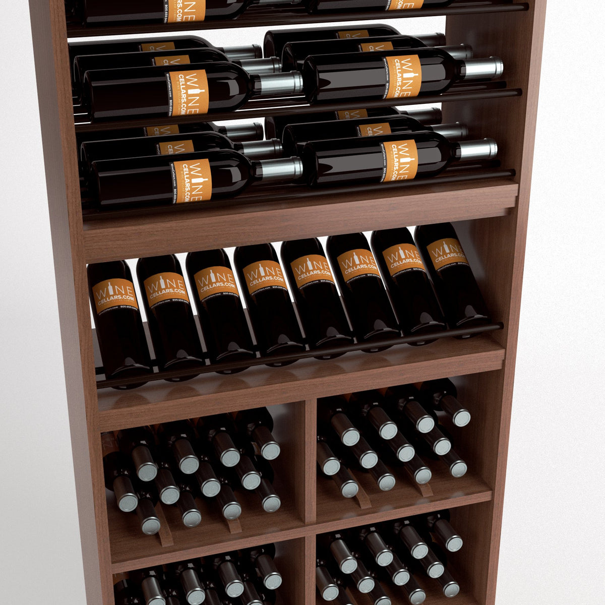 Wood wine rack with bottle rails, angled bottle shelf, and grid-pattern bottle bins