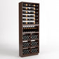 Wine bottle display rack in dark wood with six bottle rails and a lower wine bin grid