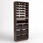 Wood wine display cabinet with six bottle rails, curved bottle holder, and dot wine bins