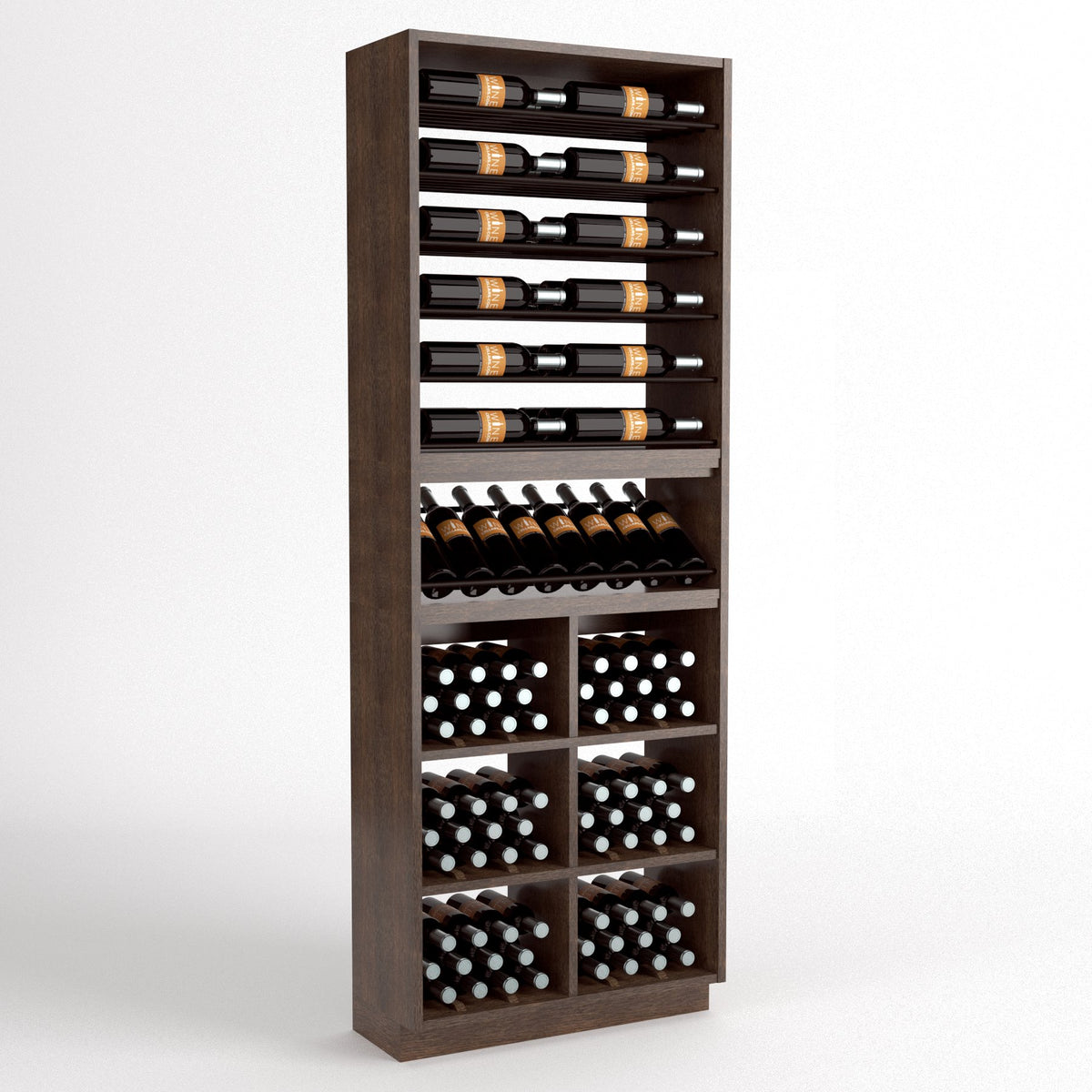 Wood wine display cabinet with six bottle rails, curved bottle holder, and dot wine bins