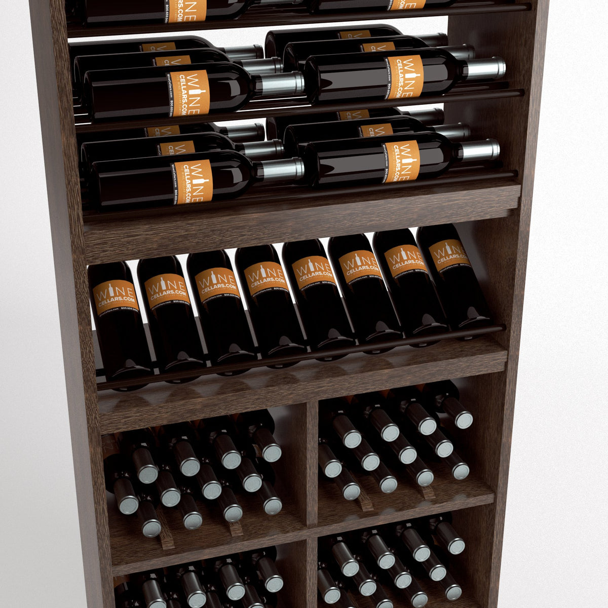 Wine rack close-up with bottle rails and lower bin compartments holding wine bottles