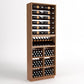 Wine bottle storage rack with six bottle rails, curved rail, and square lower bin cells