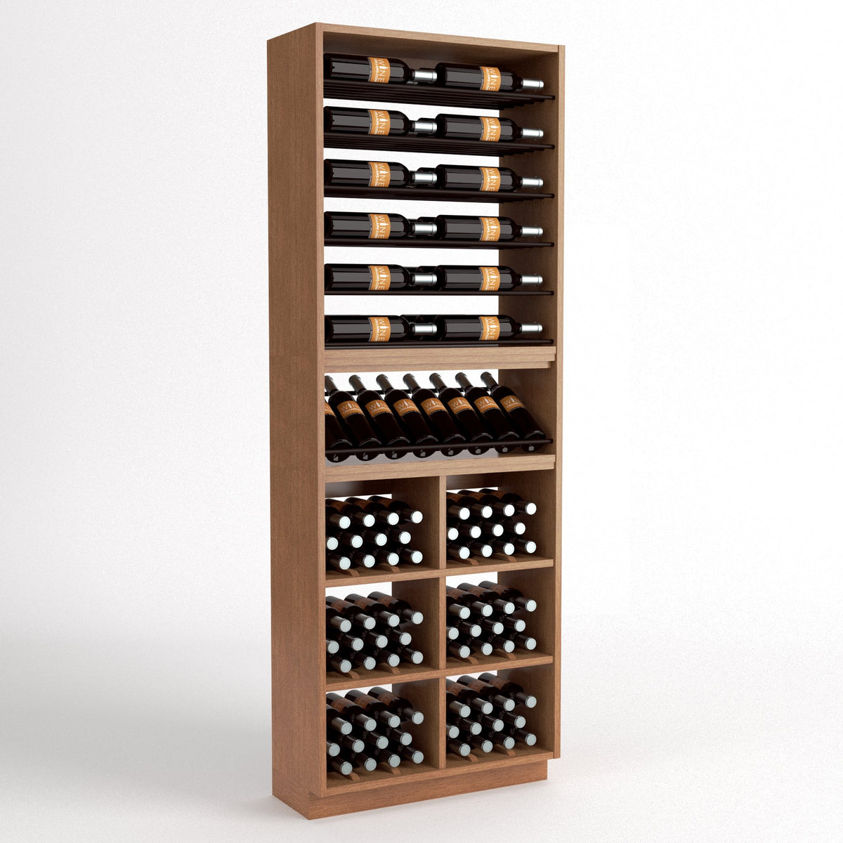 Wine bottle storage rack with six bottle rails, curved rail, and square lower bin cells