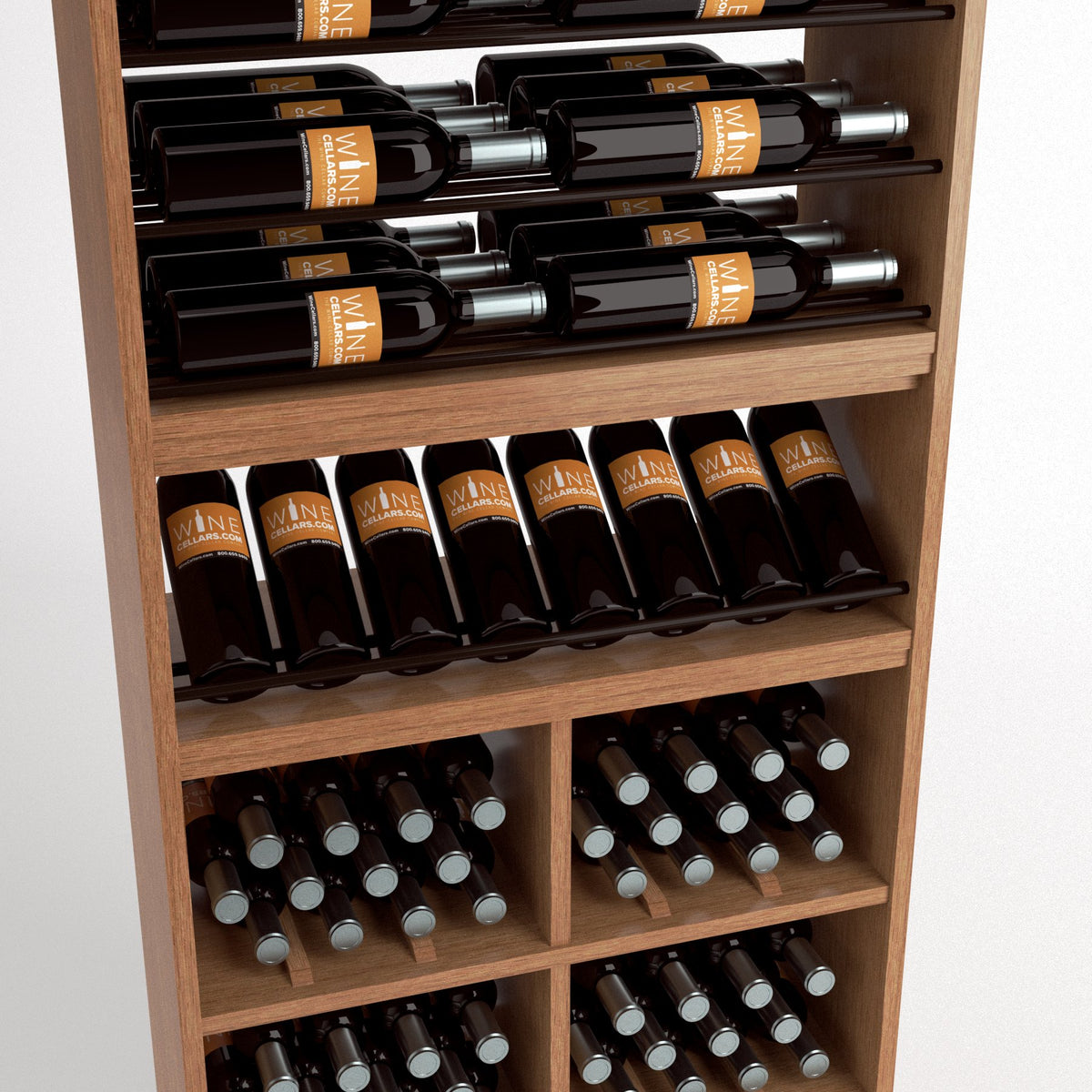 Wine rack close-up featuring six rails and lower square compartments for multiple bottles