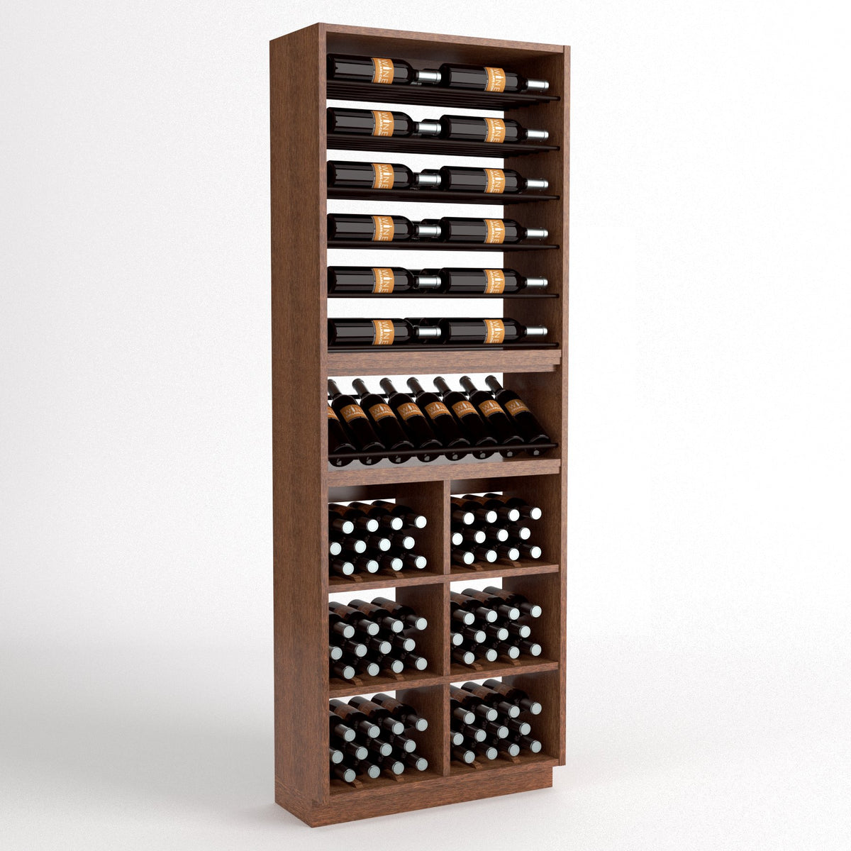 Dark wood wine cabinet with six bottle rails, curved bottle rack, and lower wine bin blocks