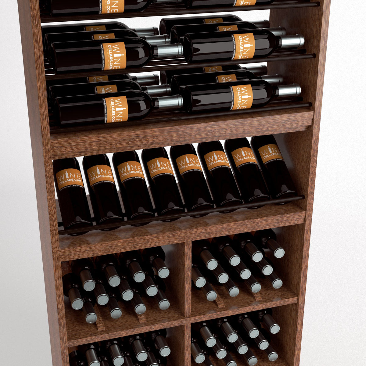 Detailed view of wine bottle rails and stacked wine bins with bottle necks in each cell