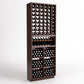 Dark wood wine rack with top bottle cubbies, grid display, and stacked wine bins