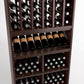 Wood wine rack close-up with bottle cubbies, angled wine holders, and bin shelves