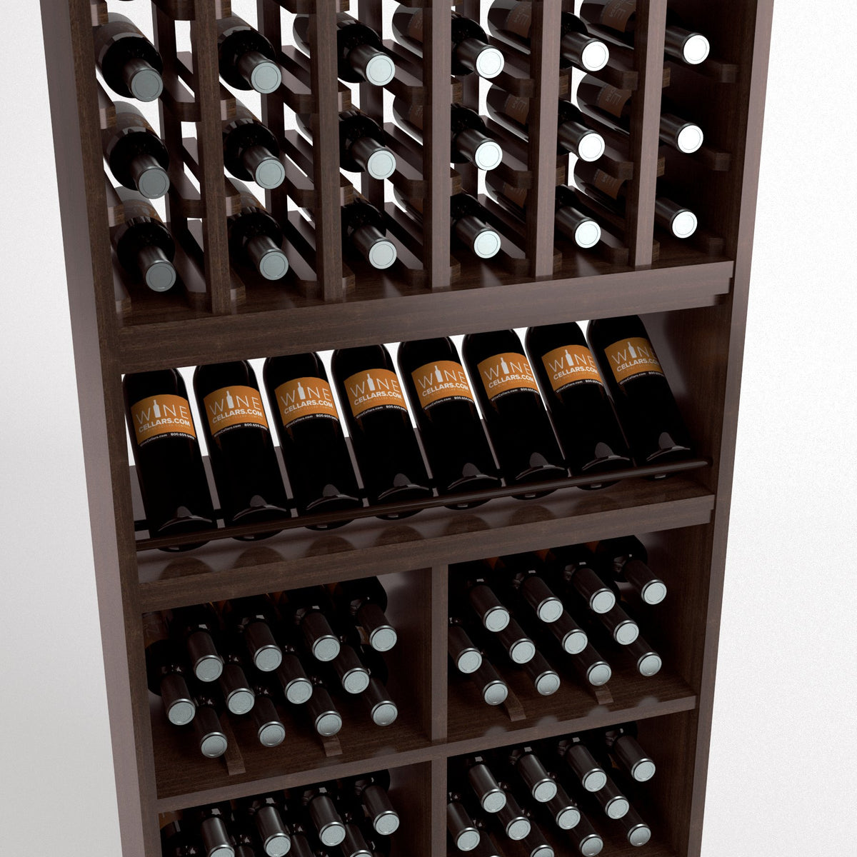 Wood wine rack close-up with bottle cubbies, angled wine holders, and bin shelves