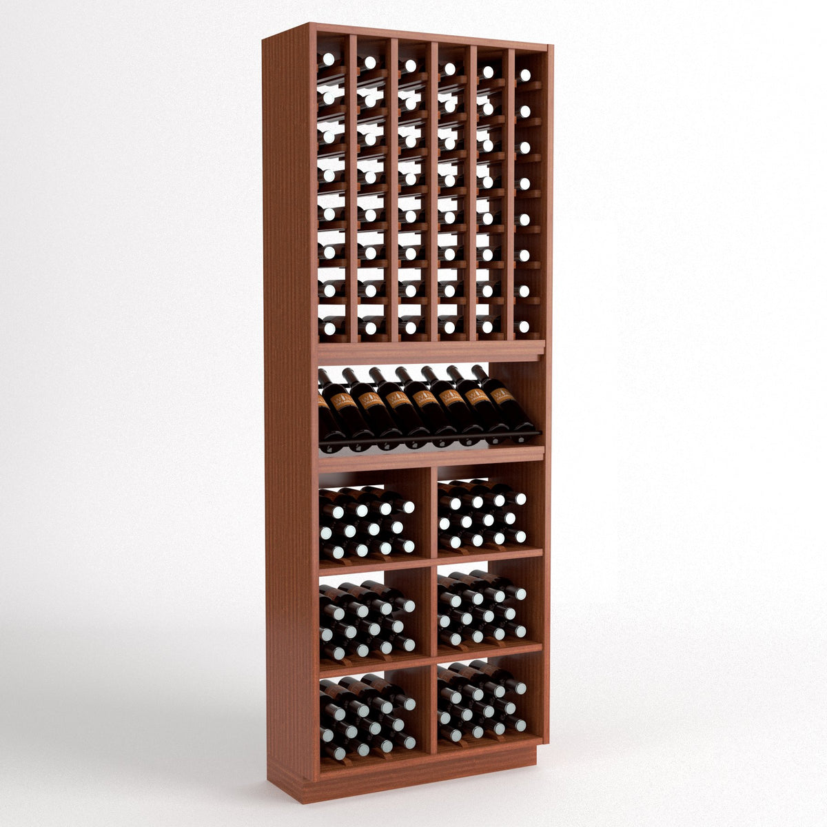 Wood wine cellar rack with front wine bins, bottle cubbies, and horizontal wine holder