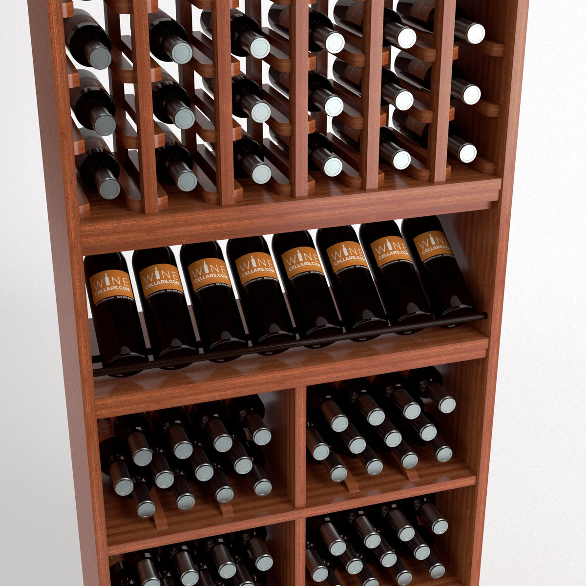 Medium wood wine rack close-up showing bottle cubbies, angled bottles, and two-tier bins
