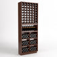 Brown wood wine storage rack with top bottle cubbies, wine bin squares, and front holder