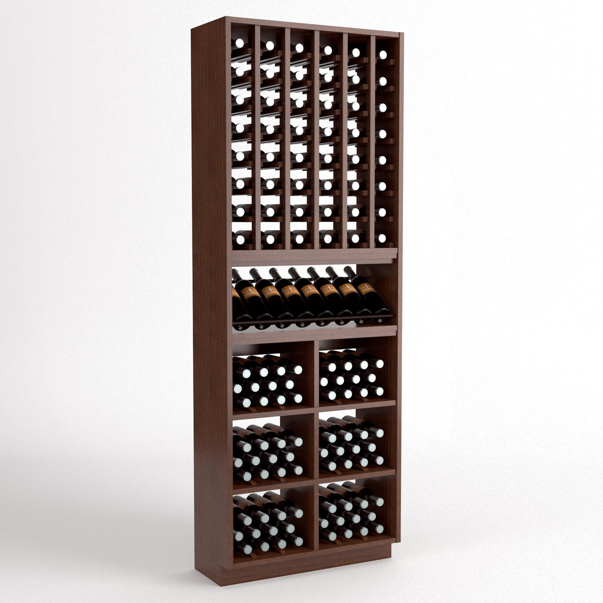Brown wood wine storage rack with top bottle cubbies, wine bin squares, and front holder