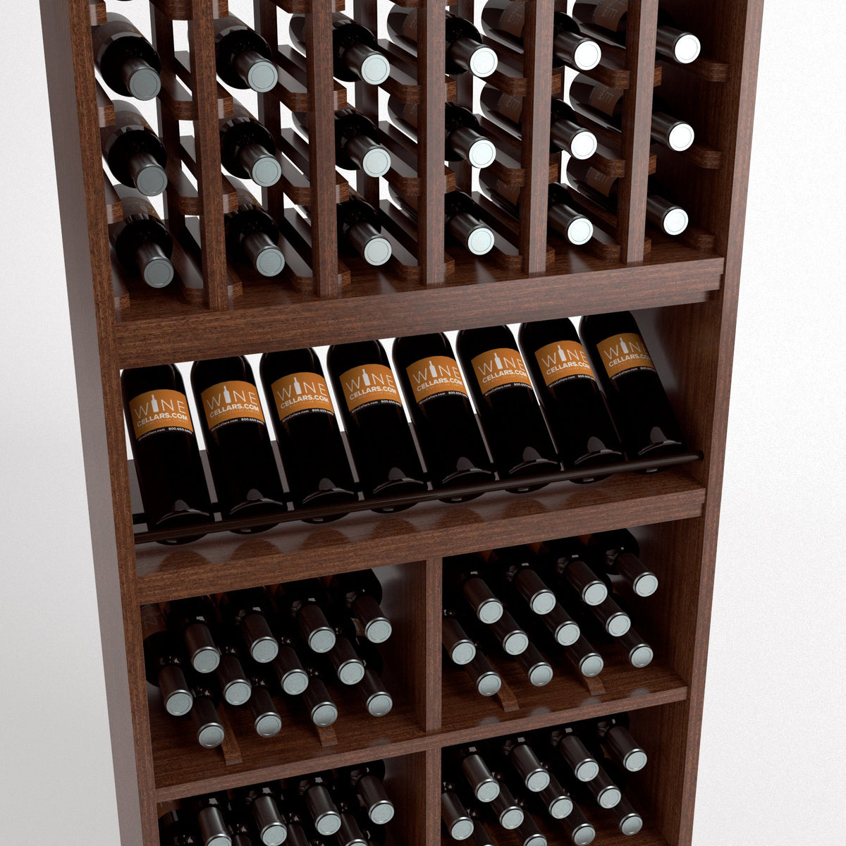 Close-up of wood wine rack with arched bottle slots, angled rows, and cubby bins