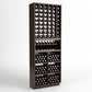 Dark wood wine cellar rack with top bottle grid, front wine bins, and bottle display shelf