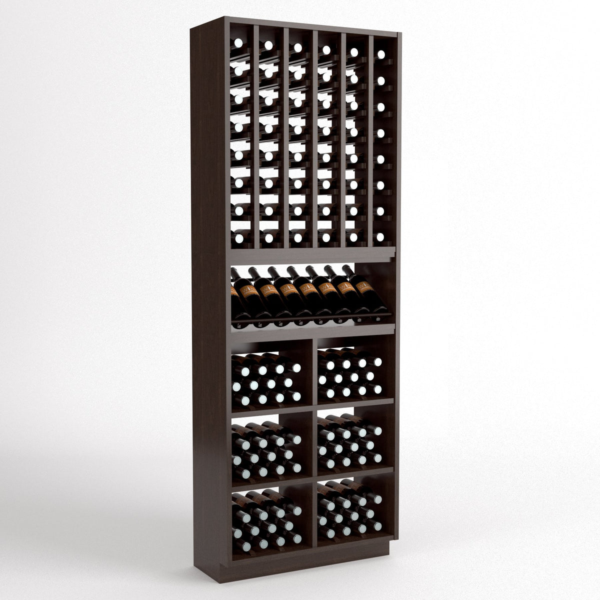 Dark wood wine cellar rack with top bottle grid, front wine bins, and bottle display shelf