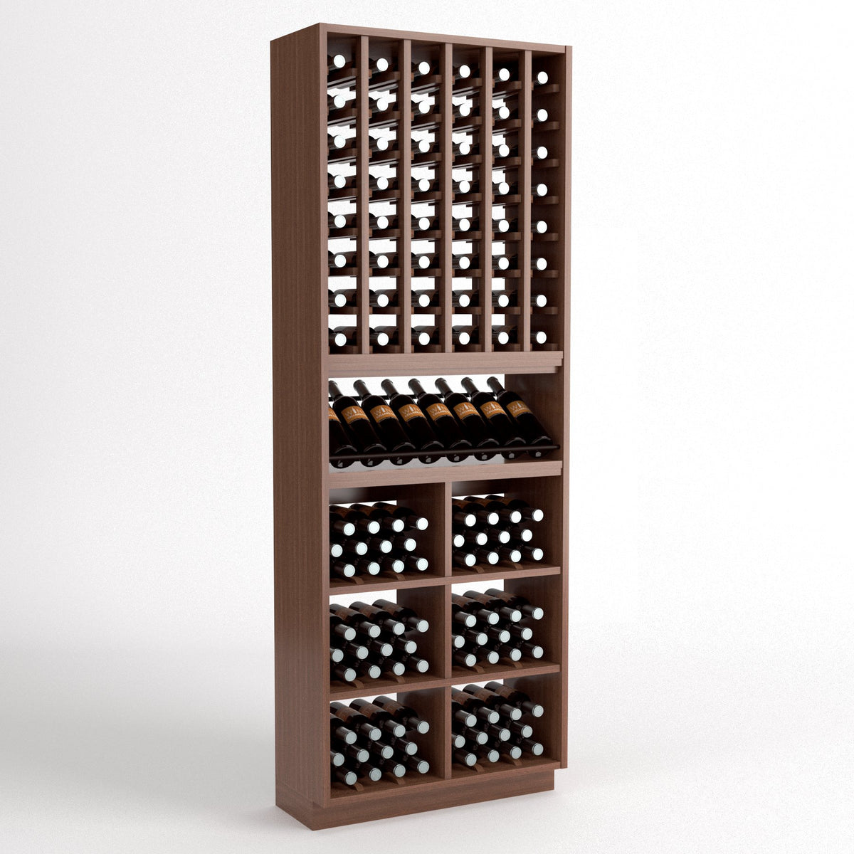 Wood wine storage rack with top bottle cubbies, middle wine bin grids, and lower holders