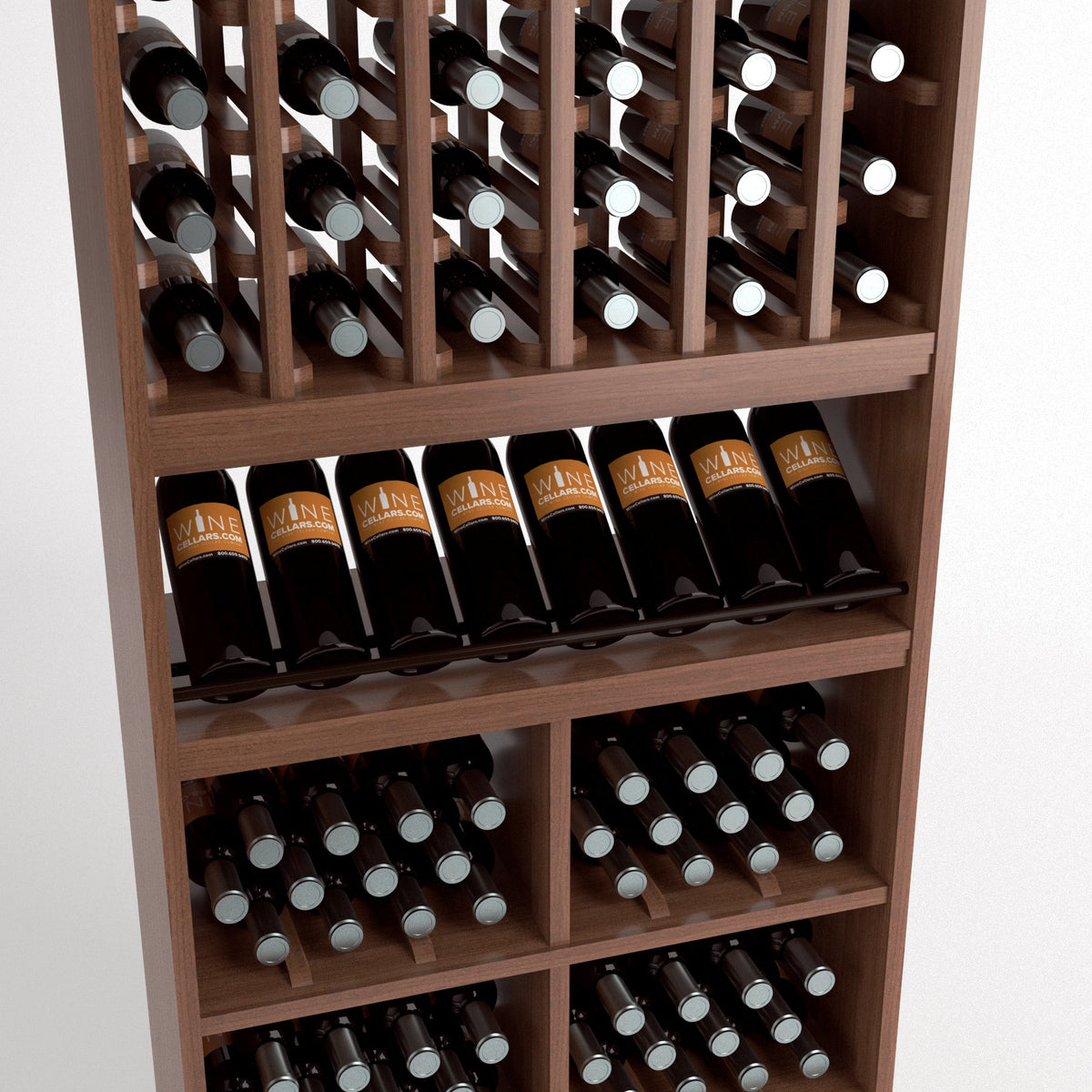 Wood wine rack close-up with bottle cubbies, angled wine bottles, and multiple cubby rows