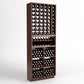 Dark wood 6-column wine rack with cubbies for bottles, wine glasses, and display shelves.