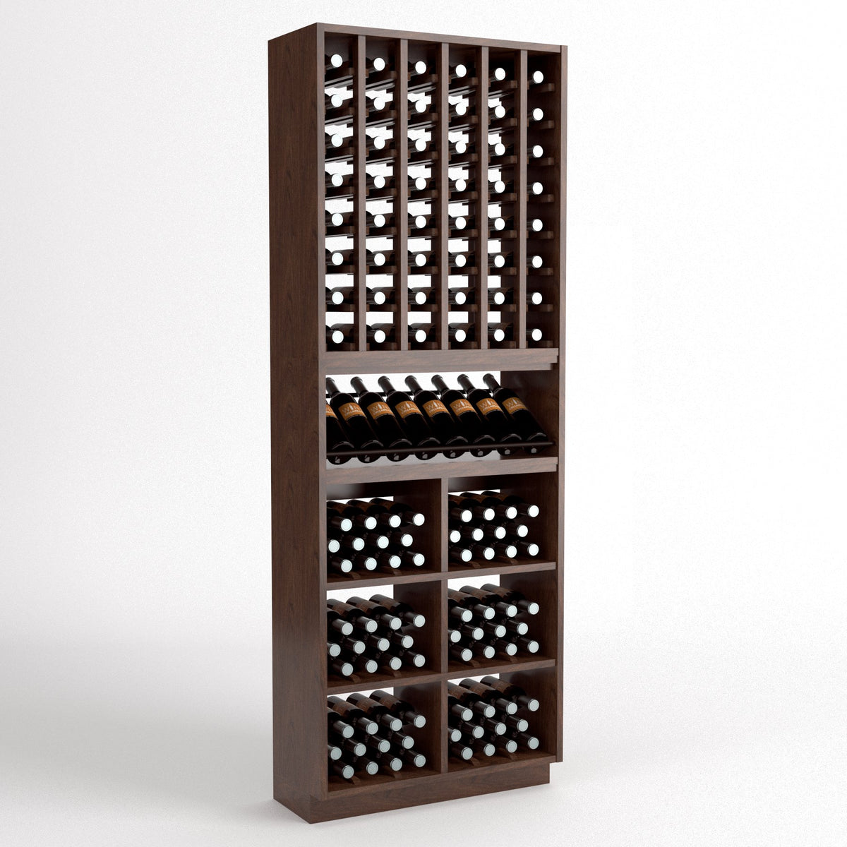 Dark wood 6-column wine rack with cubbies for bottles, wine glasses, and display shelves.