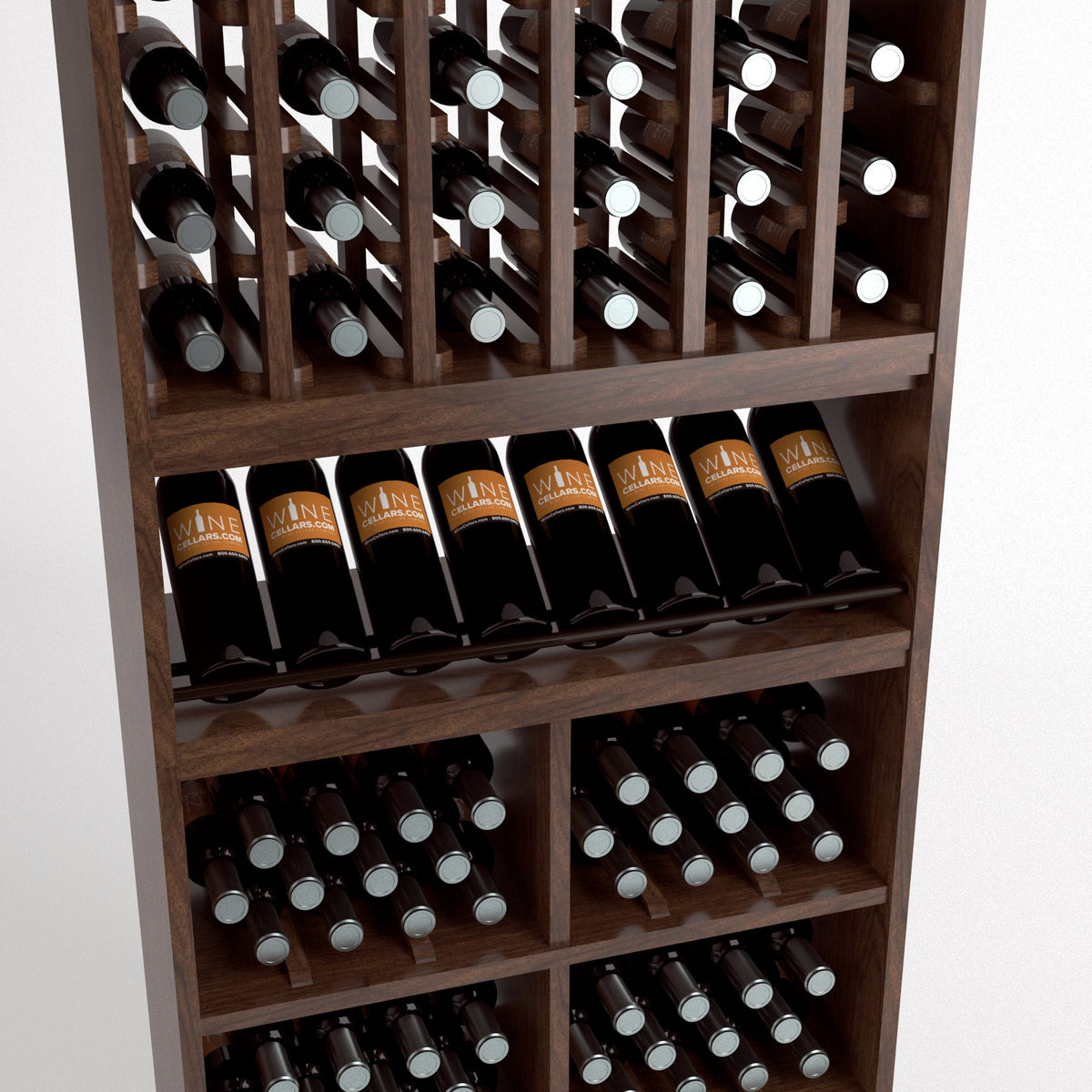 Wine rack close-up with bottle slots, front display shelf, and grid cubbies for bottles.