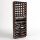 Dark wood 6-column wine rack with upper bottle compartments and lower cubby bins.