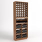 Light wood 6-column wine rack with upper bottle slots and lower display and storage bins.