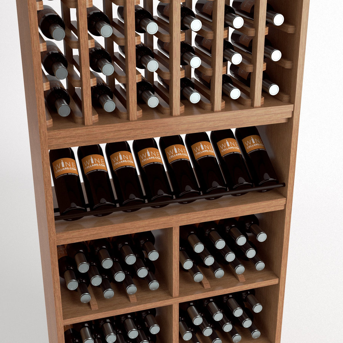Light wood wine rack close-up with bottle cradles, front tray, and cubby bottle storage.