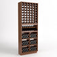 Light wood 6-column wine rack with upper wine bottle grid and lower cubbies and shelves.