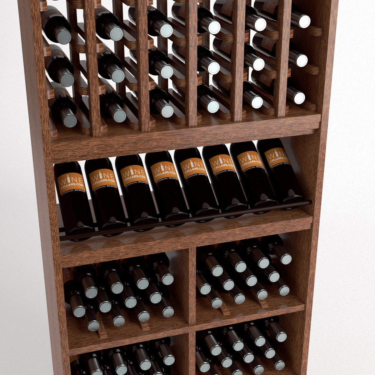 Light wood wine rack close-up showing bottle compartments, front display shelf, and cubbies.