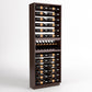6-column wine bottle display rack in dark wood with horizontal bottle rails and crate-style storage