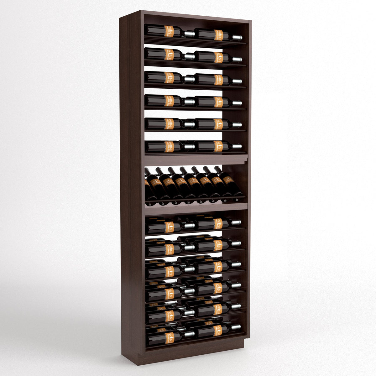 6-column wine bottle display rack in dark wood with horizontal bottle rails and crate-style storage