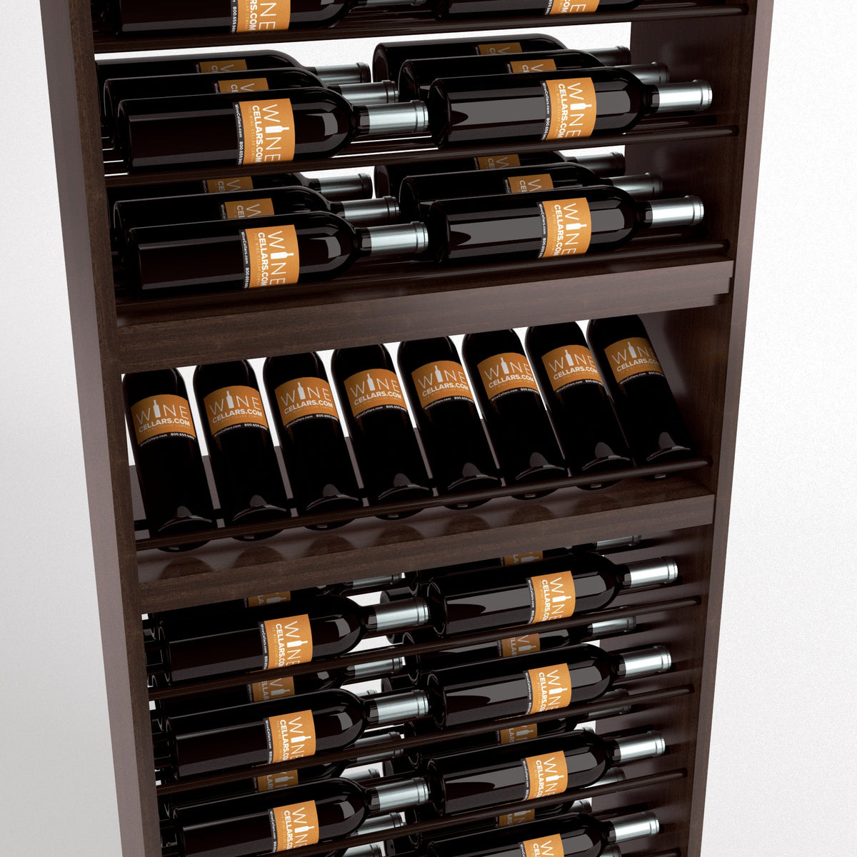 Close-up of wine bottle display rack with dark wood shelves holding bottles in bottle rails and rows