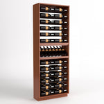 6-column wine bottle display rack, tall dark wood cabinet with stacked bottle rails and bottle holder row