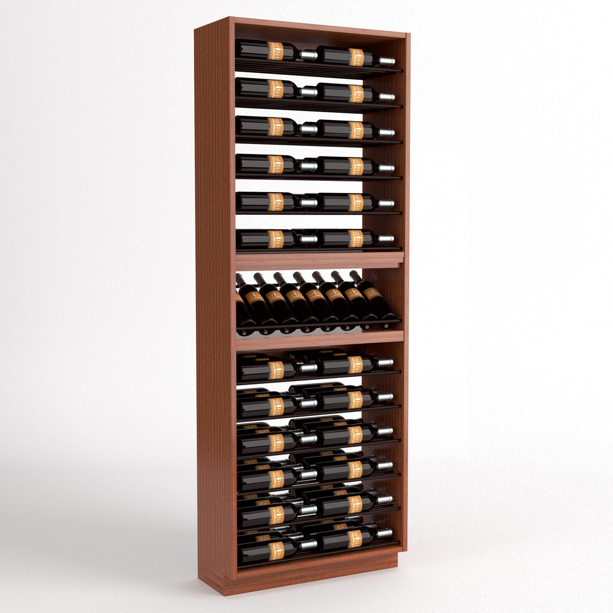 6-column wine bottle display rack, tall dark wood cabinet with stacked bottle rails and bottle holder row