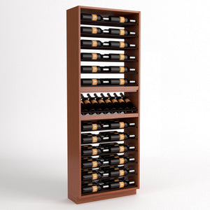 6-column wine bottle display rack, tall dark wood cabinet with stacked bottle rails and bottle holder row