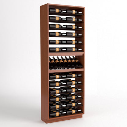 6-column wine bottle display rack, tall dark wood cabinet with stacked bottle rails and bottle holder row
