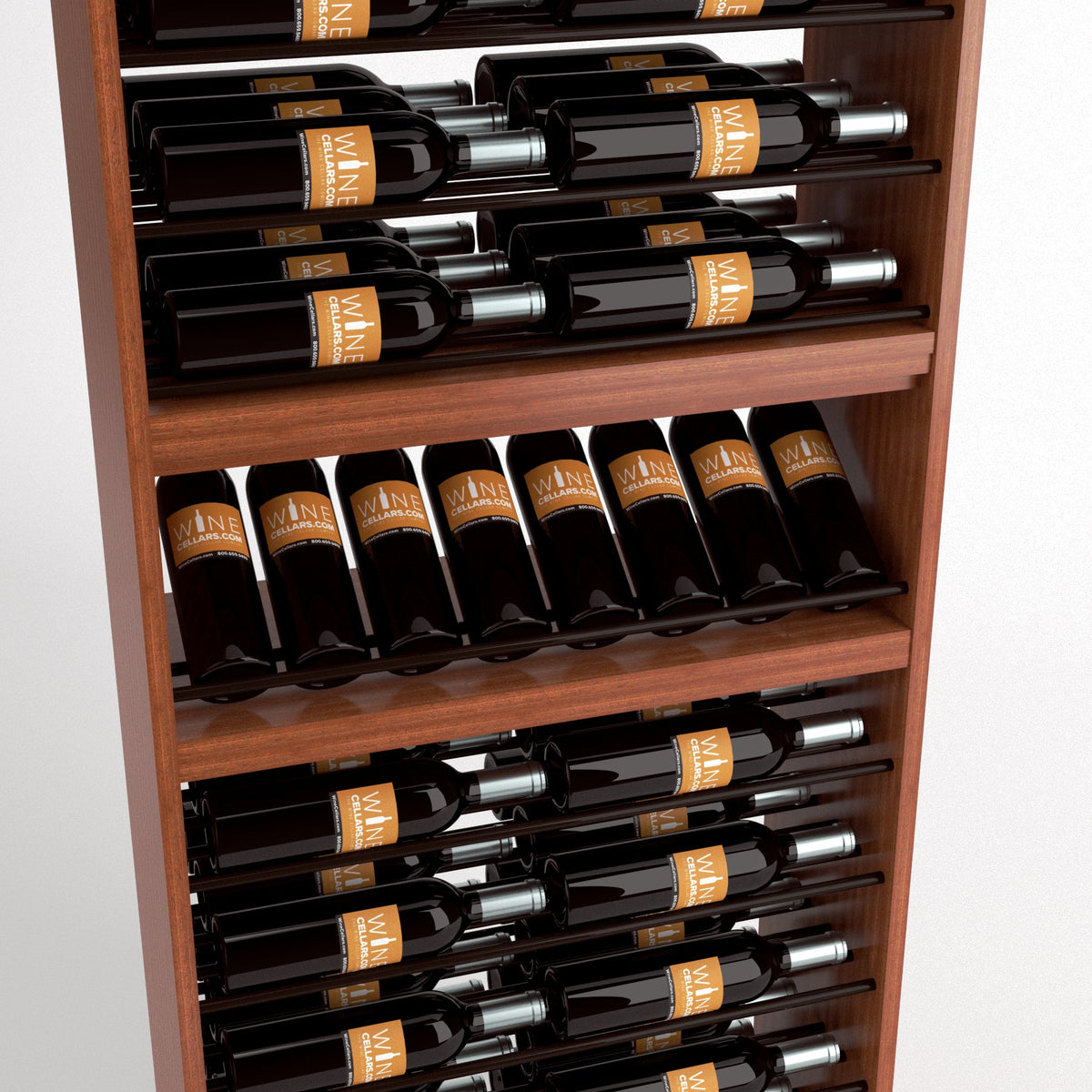 Close-up view of dark wood wine bottle rack showing bottles in rails above and in row holders below