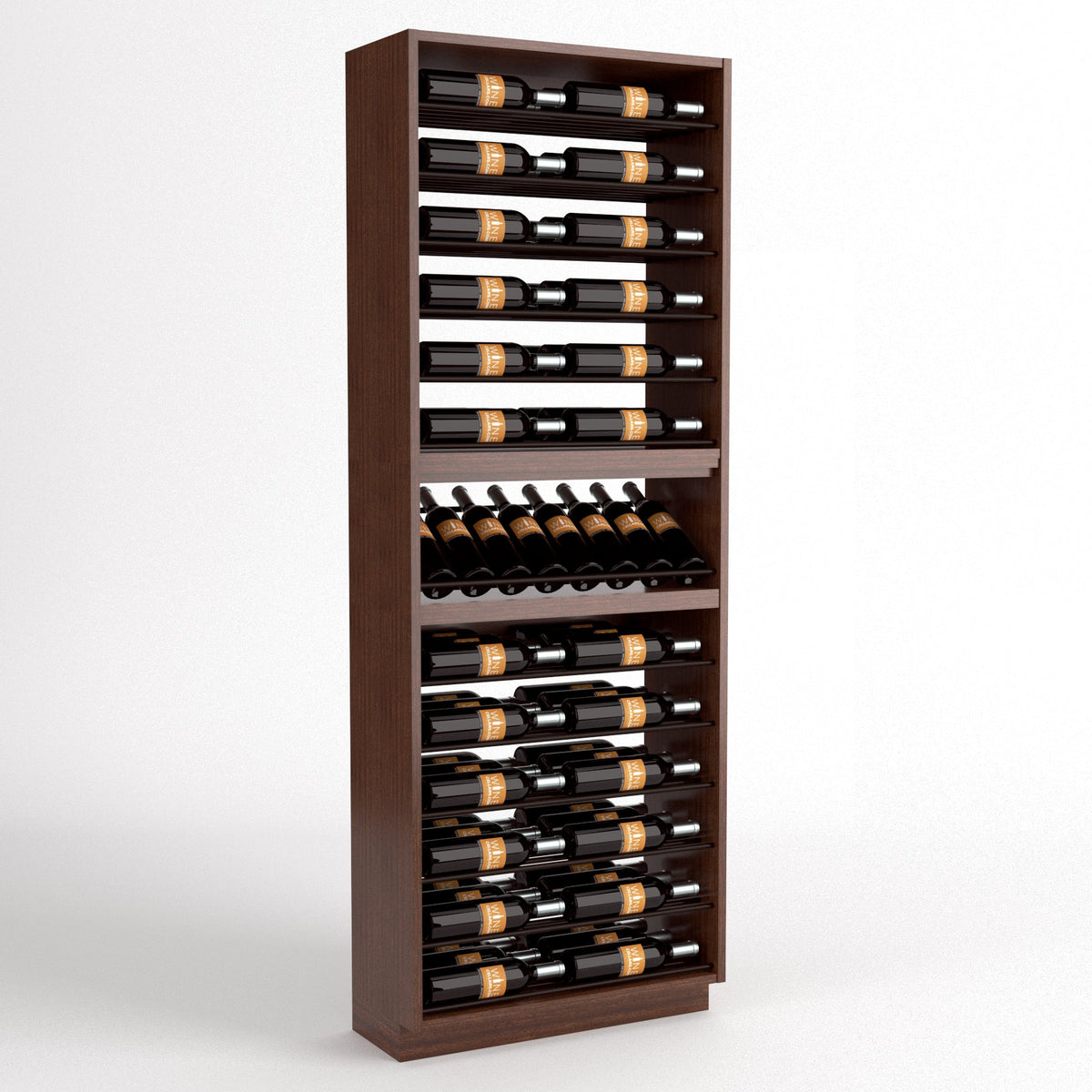 Tall 6-column wine bottle display rack with dark wood frame, horizontal rails, and arched bottle support